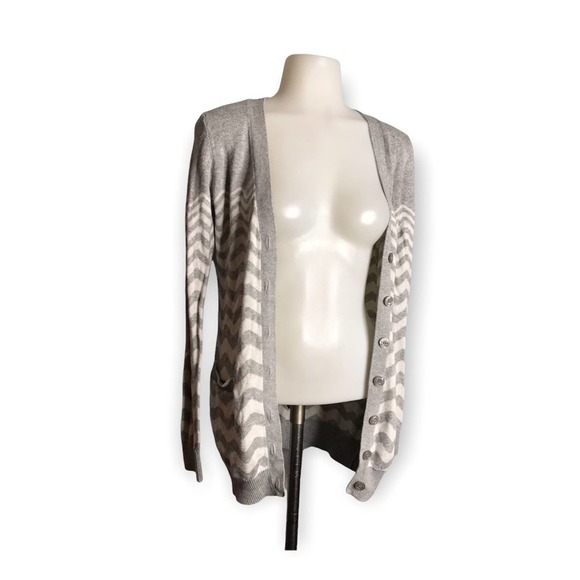 Ruby Moon | Elbow Patch Striped Button Down Cardigan Grey & White - Picture 3 of 10